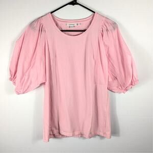 Chico’s 0 Pink Puff Sleeve Top Cotton Blend Short Sleeve Blouse Scoop Neck